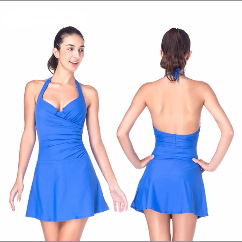 Sexy Blue Halter Swimsuit with Skirt Cover up
